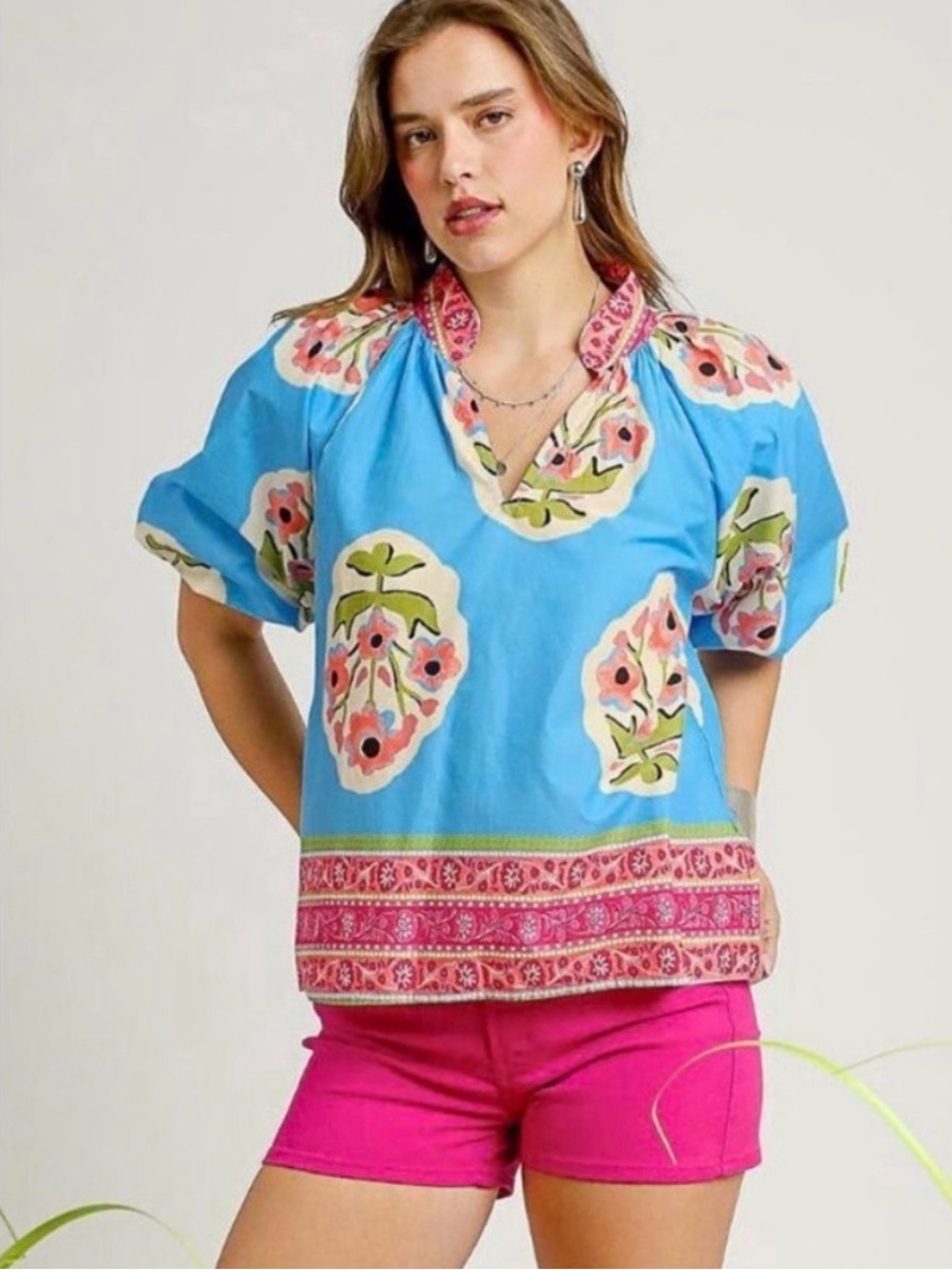 Umgee Bright Blue Floral V-Neck Blouse with Pink Border